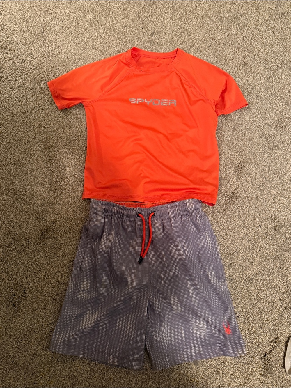 2/$25 Spyder Neon Orange Rash Guard with Gray Swim Shorts